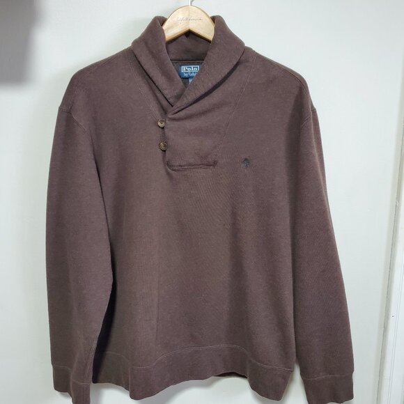 POLO RALPH LAUREN Shawl-Collar Pullover Sweatshirt Elbow Patch Brown Women's XL - Picture 1 of 13